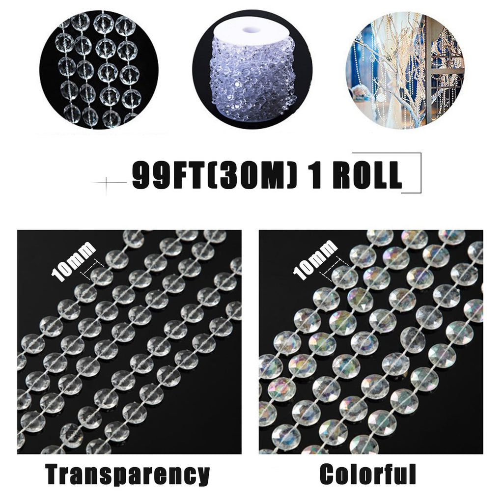99ft Iridescent Bead Garland, Acrylic Crystal Strand Roll for Christmas Tree, Hanging Ornaments, Holiday Home Décor