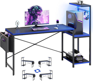 60'' Gaming Desk with LED Lights, Side Storage Bag, Black&Blue | Reversible Shelves, LED Lights, 4-Tier Storage
