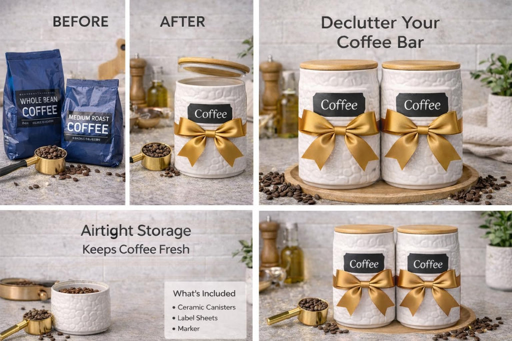 Ceramic Canister for the Kitchen (52oz/1537ml) - Airtight Kitchen Counter Storage with Bamboo Lids, Decorative Flour