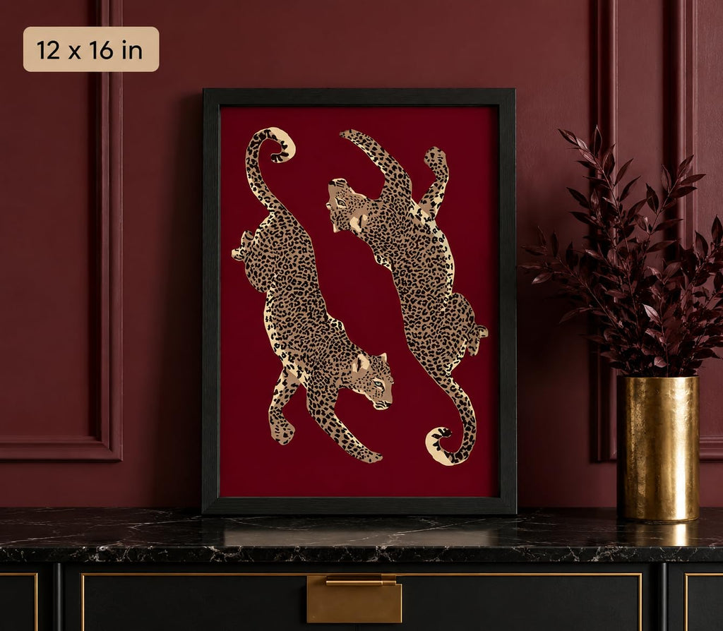 Framed Burgundy Leopard Canvas Wall Art, Vintage Panther Print Wall Decor, Modern Animal Painting, Aesthetic Wild Cat