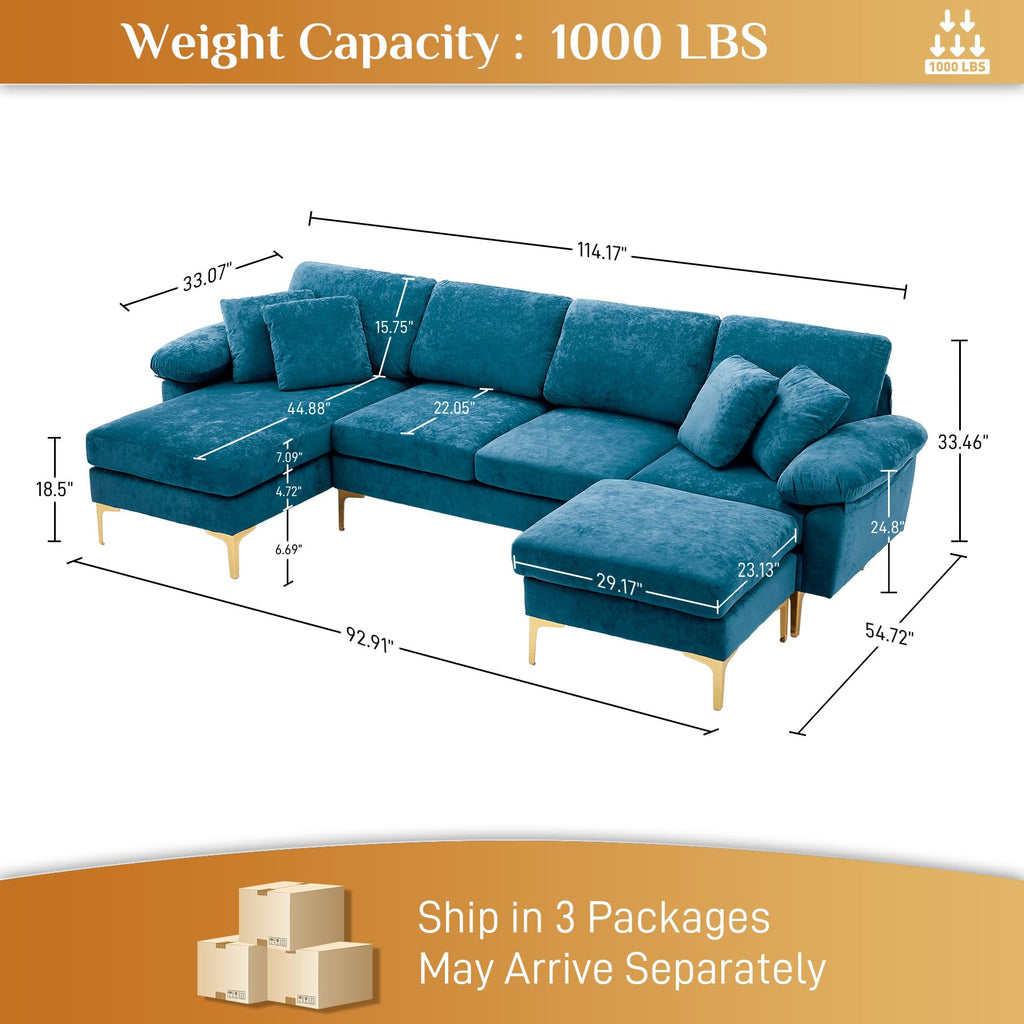 114" U-Shaped Velvet Sectional Couch with Ottoman, Teal Blue