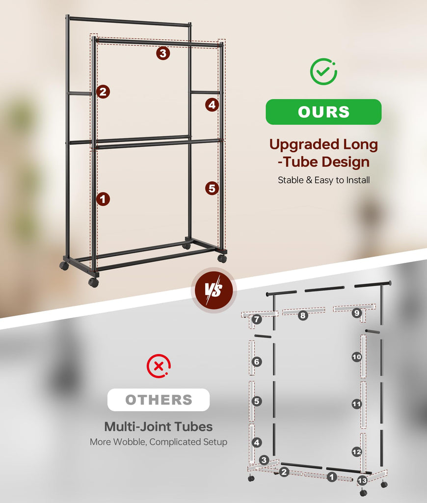 Clothes Rack - 36.2" x 21.3" x 72", 4-Bar Double Rod Rolling Clothing Rack for Hanging Clothes, Portable Garment Rack