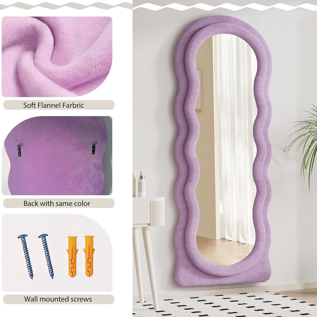 Full Length Mirror, 63" × 24" Purple Wavy Velvet Mirrors