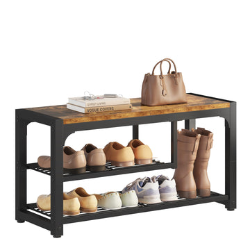 Shoe Bench, 3 Tiers Shoe Rack Bench, 31.5" Shoe Storage Bench, Retro Industrial Entry Bench with Mesh Shelves and Boot
