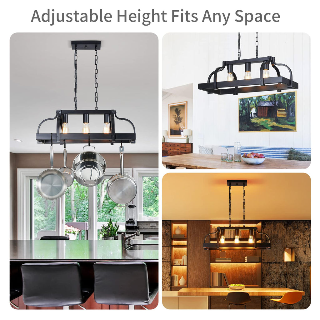 3-Light Metal Pot Hanging Rack Chandelier Linear Pendant Ceiling Lighting Rustic Farmhouse Fixture Kitchen Island