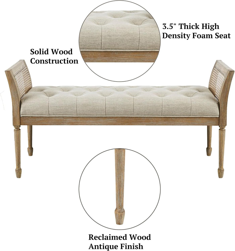 Isla Entryway Accent Bench Bedford Collection, Tufted Seat, Cane Side Frames, Farmhouse Bed End Bench , Indoor