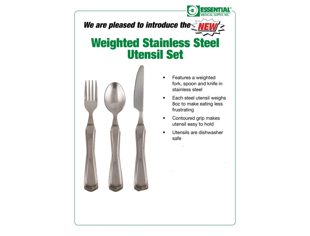 Medical Supply Heavy Duty Weighted Stainless Steel Utensil Set with Fork, Knife and Spoon for Easy Eating