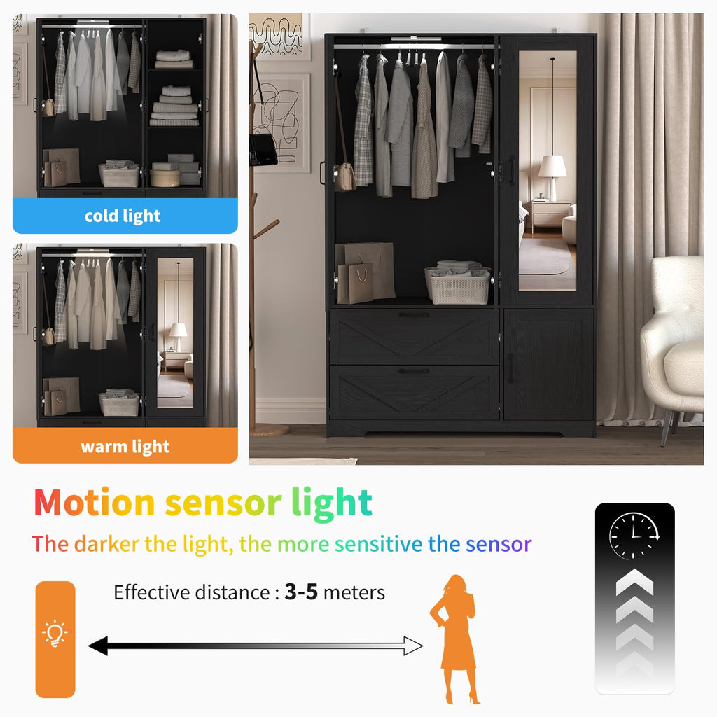72" Armoire Wardrobe Closet with Mirror Door and LED Lights, 3 Doors Farmhouse Bedroom Armoire with Drawers and