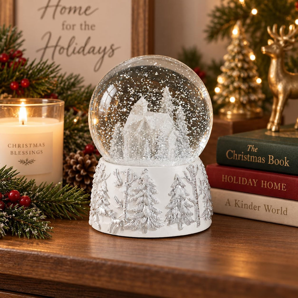 Christmas Snow Globe, White Winter Village Musical Snow Globe Decor