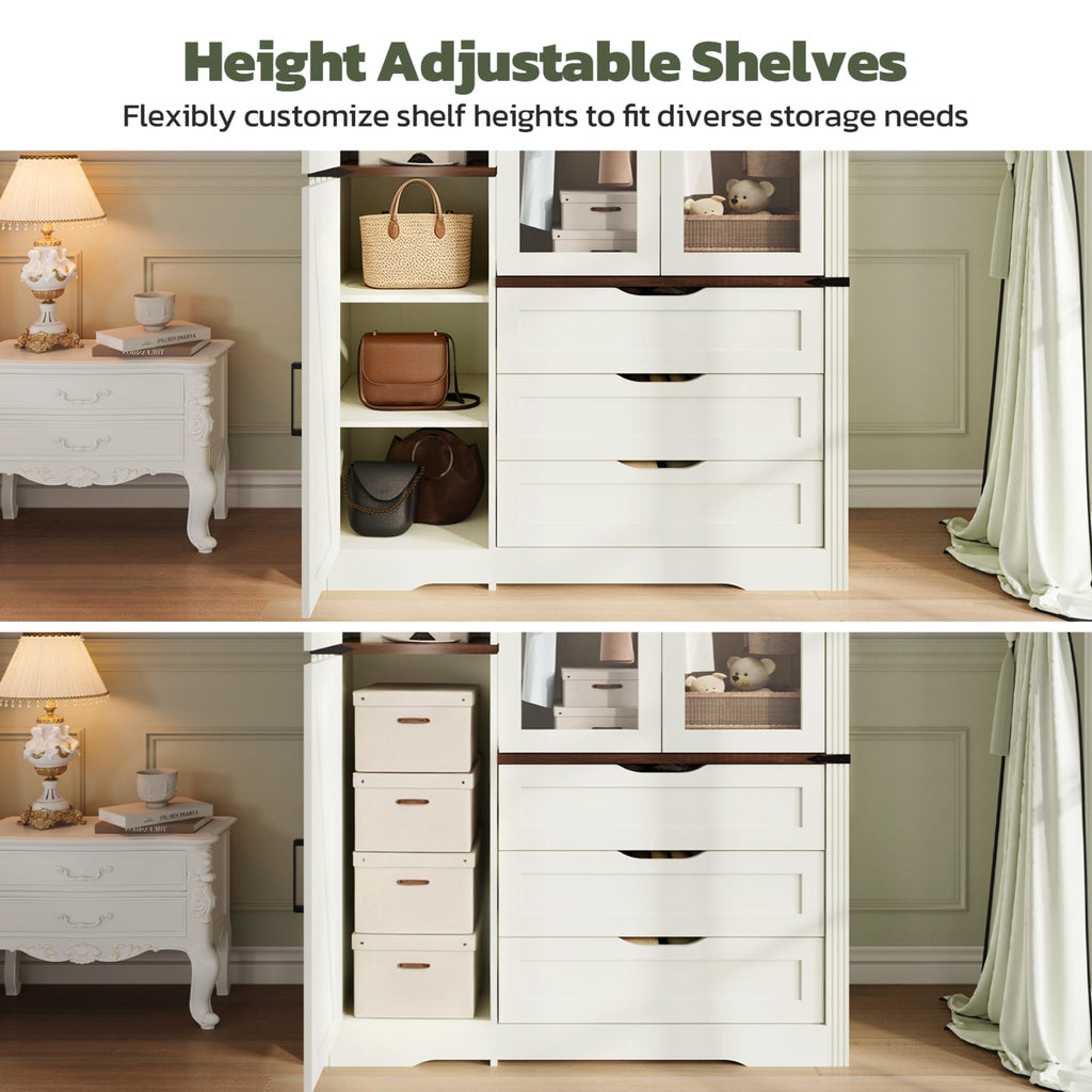 73'' Wood Farmhouse 4 Doors Armoire Wardrobe Closet with LED Light