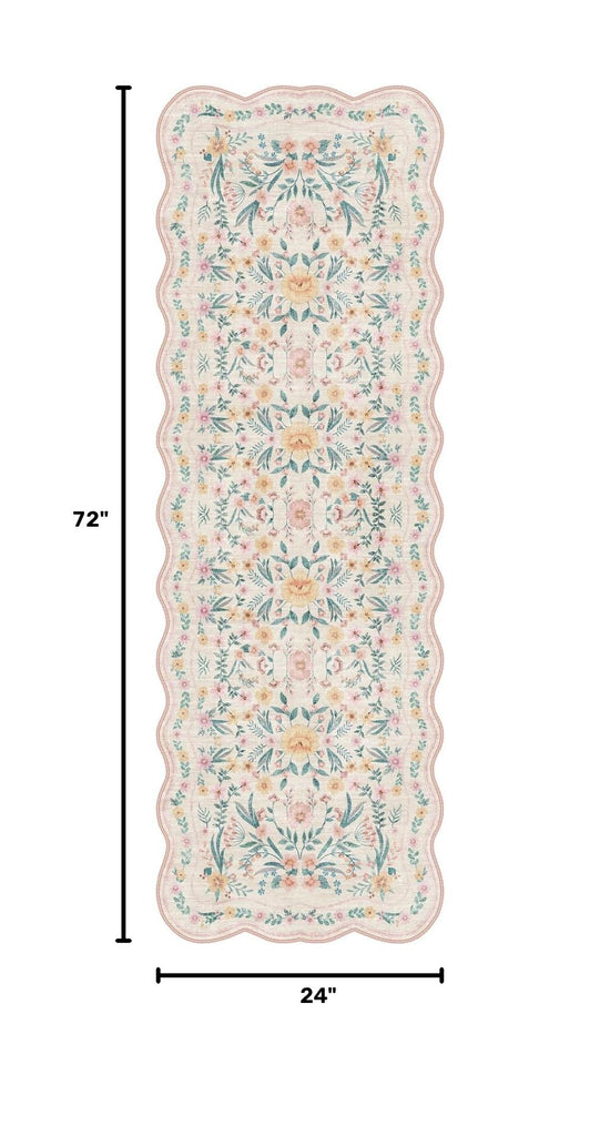 Scalloped Floral Runner Rug, Pink Washable Non-Slip Boho Hallway Rug, Soft Cute Carpet Runner, Laundry, Entryway