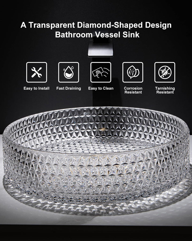 Homary Bathroom Vessel Sink Round Vessel Sink 15.35" x 4.33" Transparent Diamond Shaped Crystal Glass Bathroom Sink