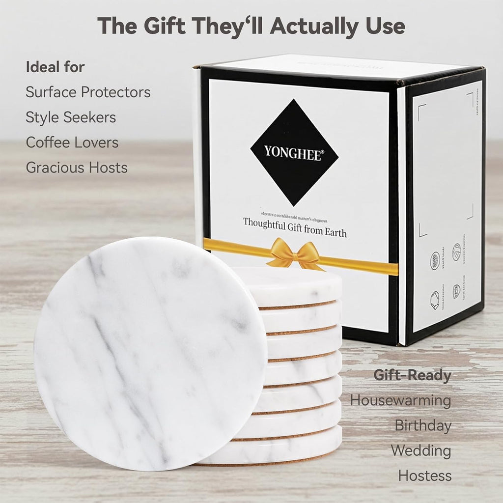 Soft White Marble Coasters, Modern Elegant Drink Coasters for Dining Table, 4" Round Polished Natural White - Set of 8