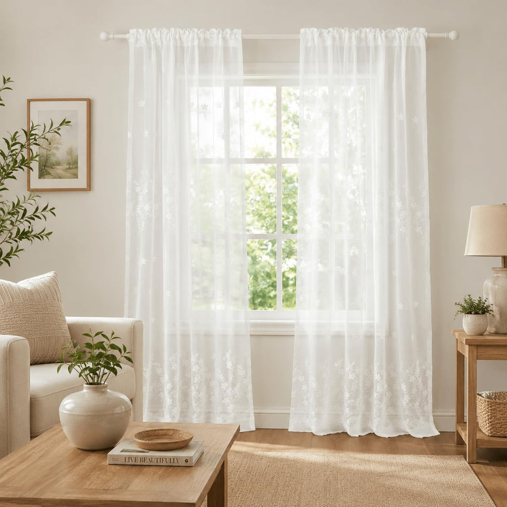 White Rod Pocket Sheer Curtains 96 inches Length, Embroidered Window Curtain Sheer Voile Panels , 60x96, Two Panels