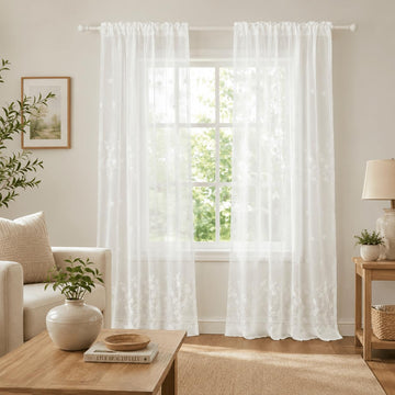 White Rod Pocket Sheer Curtains 96 inches Length, Embroidered Window Curtain Sheer Voile Panels , 60x96, Two Panels