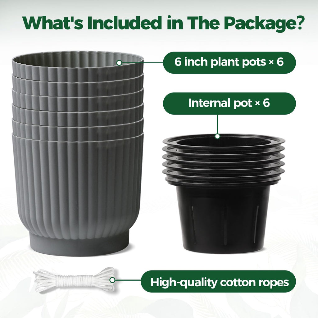 Self Watering Pots for Indoor Plants, 6 Inch 6 Pack Planter Gray