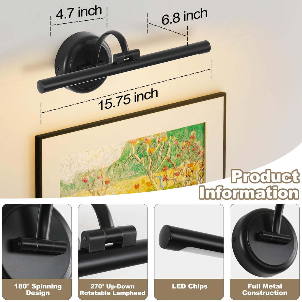 Black Picture Lights for Paintings Hardwired LED Wall Art Lighting 15.75" Dimmable Full Metal Gallery Light Modern
