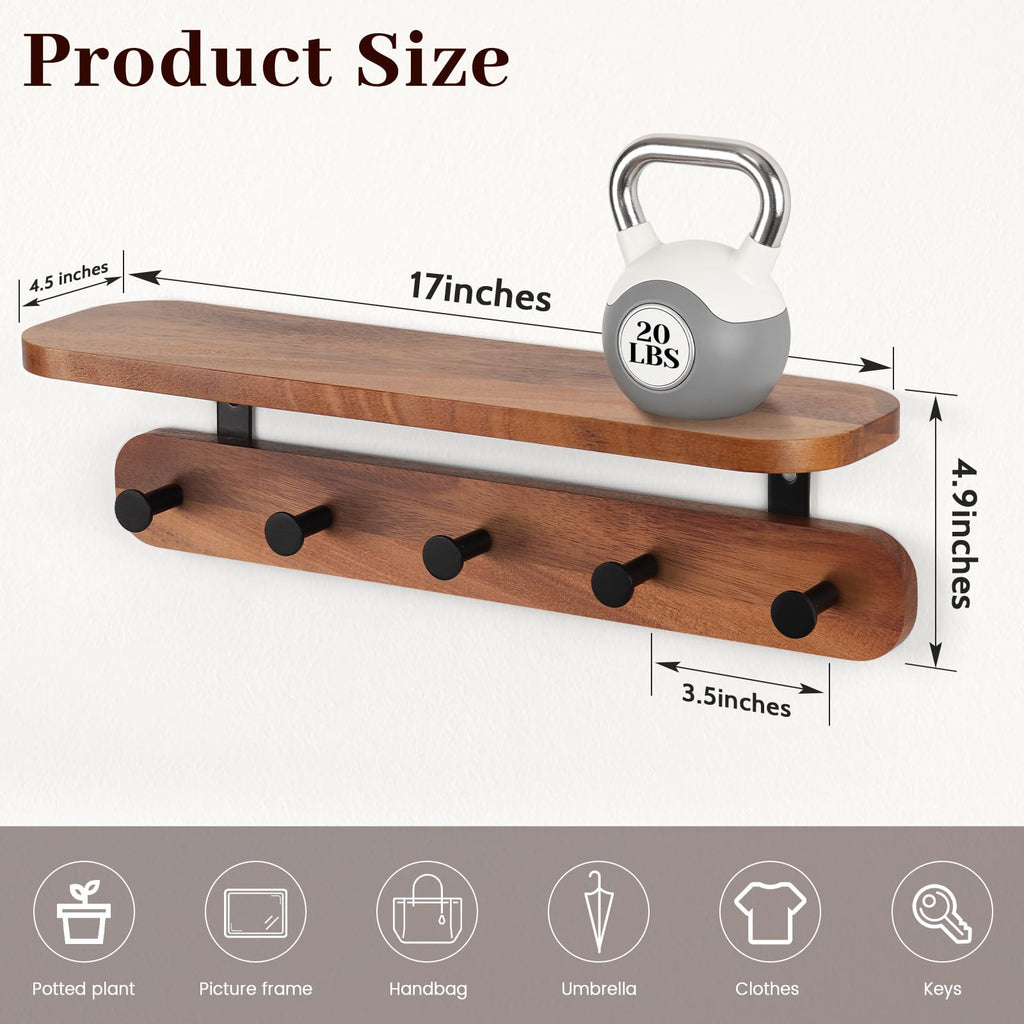 Coat Rack Wall Mount with Shelf, 17" Walnut Wood Wall Shelf with Hooks, Entryway Floating Shelves with 5 Metal