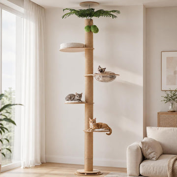 Floor to Ceiling Cat Tree Height (96.5-120.2 Inch) Adjustable, 5 Tier Wood Cat Tower with Thickened Full Sisal