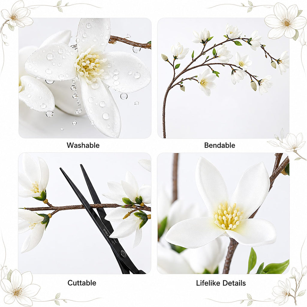 4 Pcs Artificial Magnolia Flowers 35 Inch Magnolia Branch, White
