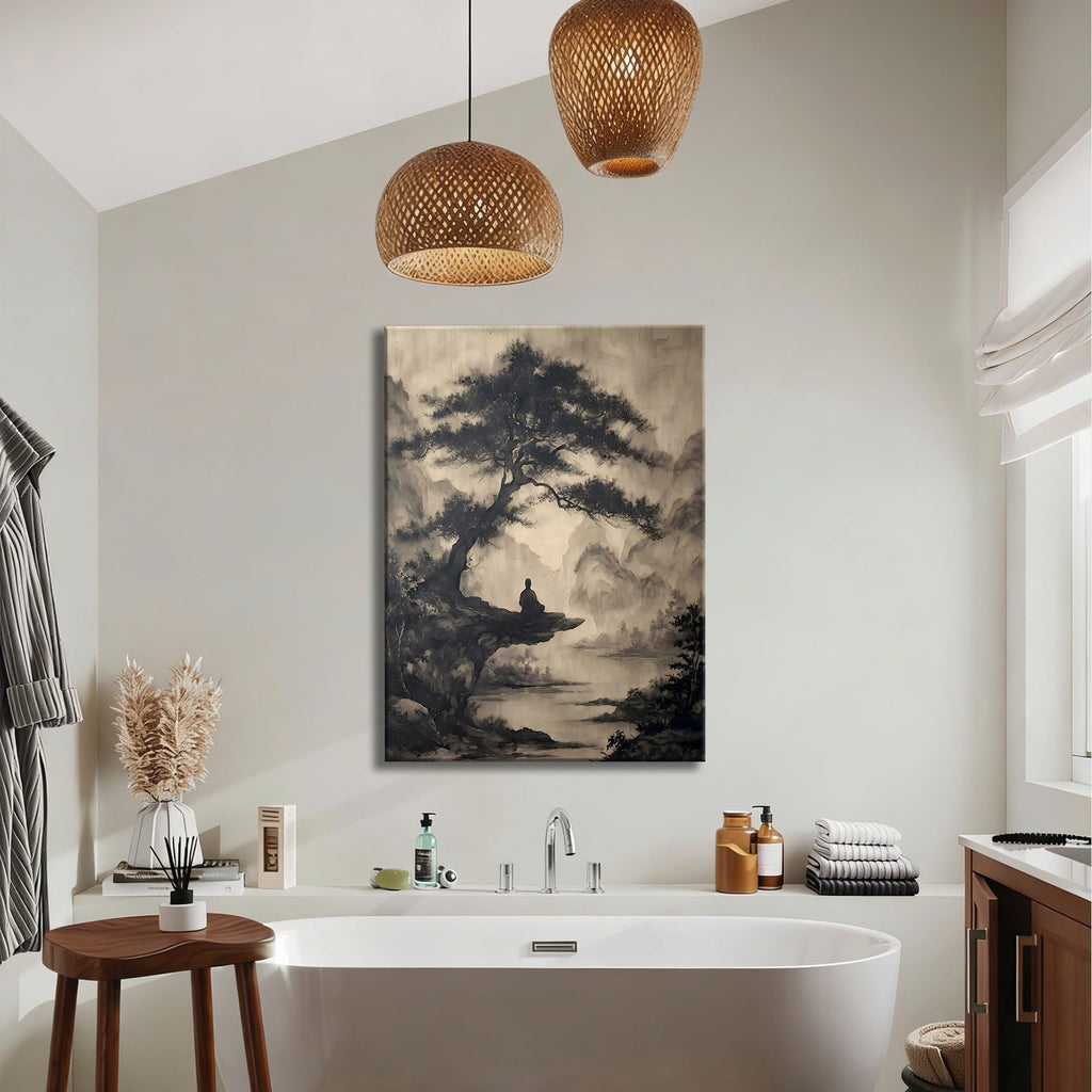 Framed Chinese Ink Meditation Monk Canvas Wall Art, Vintage Pine Mountain Landscape Canvas Prints Pictures, Zen wall