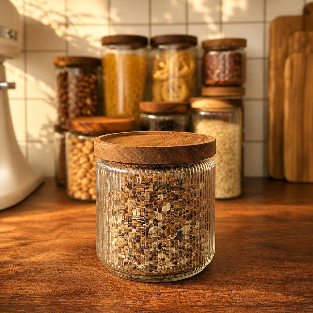 Ribbed Glass Jar, Stackable & Airtight Wooden Lid- Storage Canister for Cereal, Pasta, Rice/Flour - High End Look