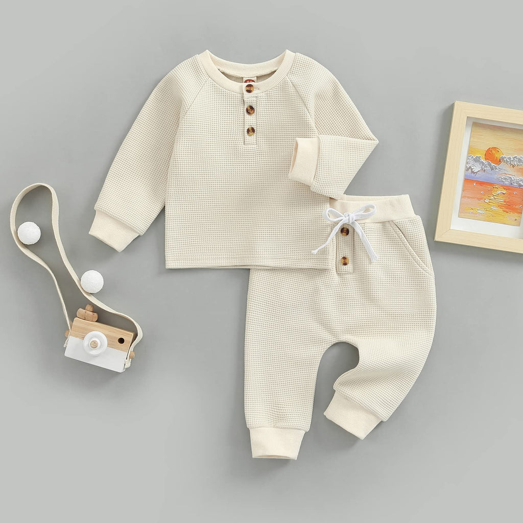 Toddler Baby Boy Clothes Long Sleeve Waffle Sweatshirt Pants Set 0 6 12 18 Fall Winter Outfits Beige