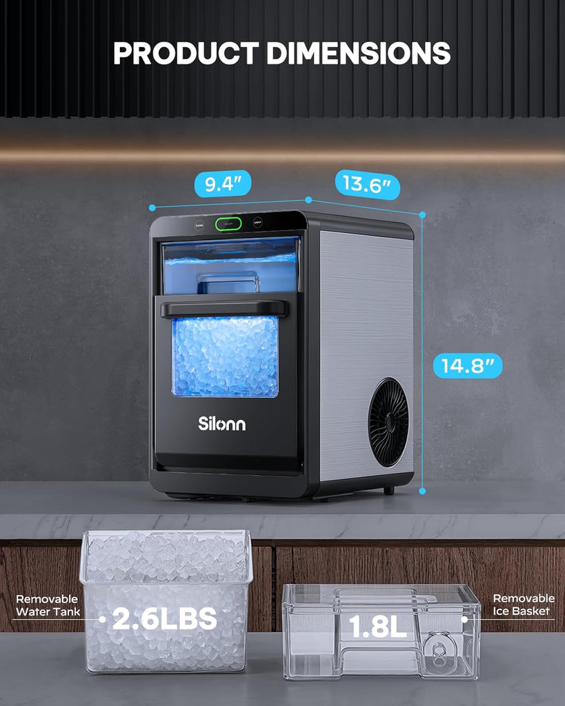 Nugget Ice Maker Countertop - 44lbs/24h Crushed/Pebble Ice Machine, Front Pull-Out Water Tank & Removable Basket