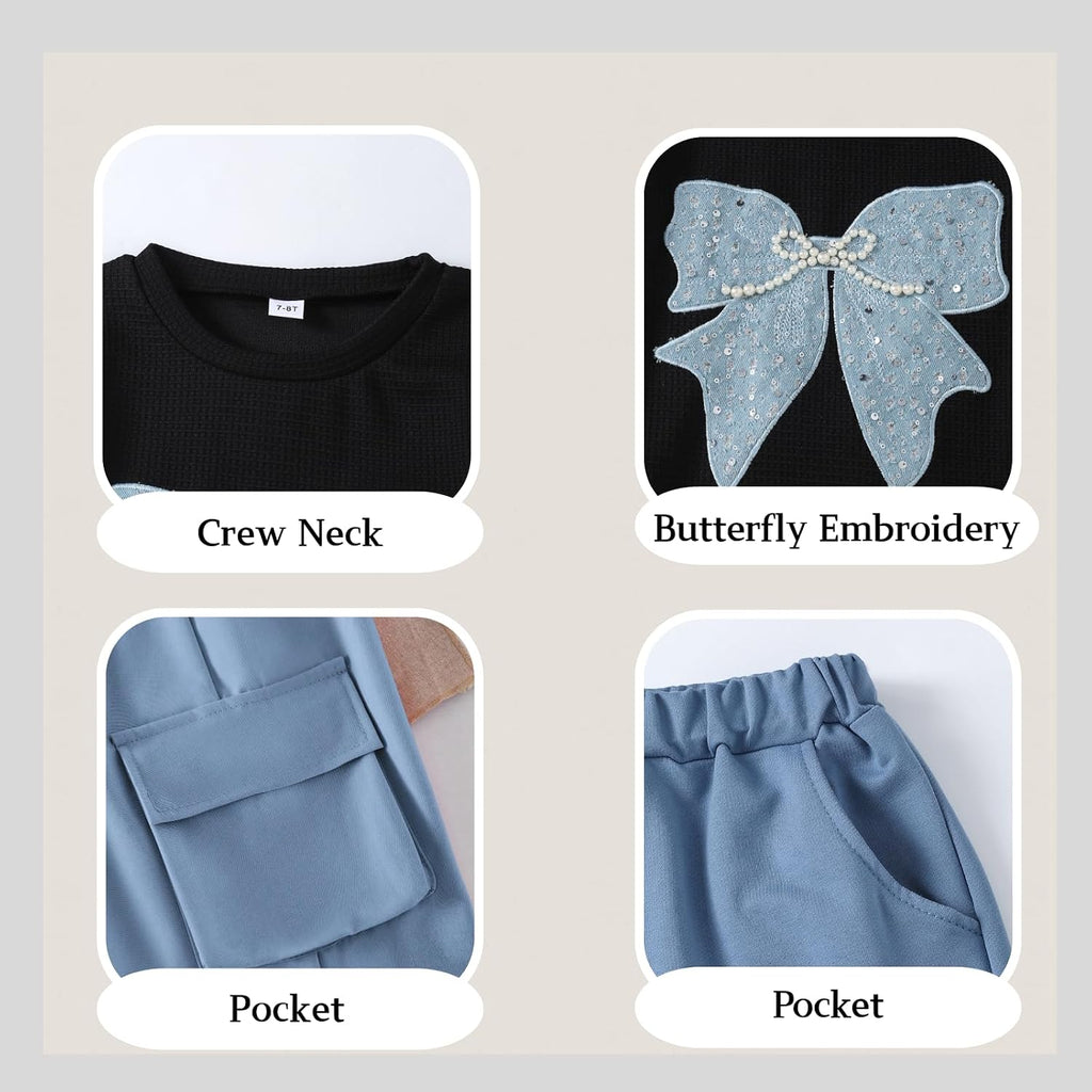 Clothes 2 Piece Cute Butterfly Print T-Shirt Tops & Cargo Pants Spring Summer Outfits Teen Tween Girls