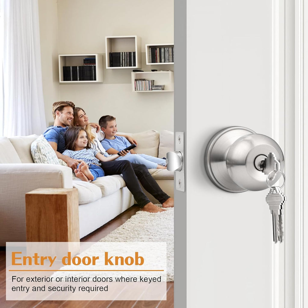 Brushed Nickel One Keyway Ball Door Knobs Entry Lock with Keys, 3 Pack Keyed Alike Door Locksets, Interior Exterior