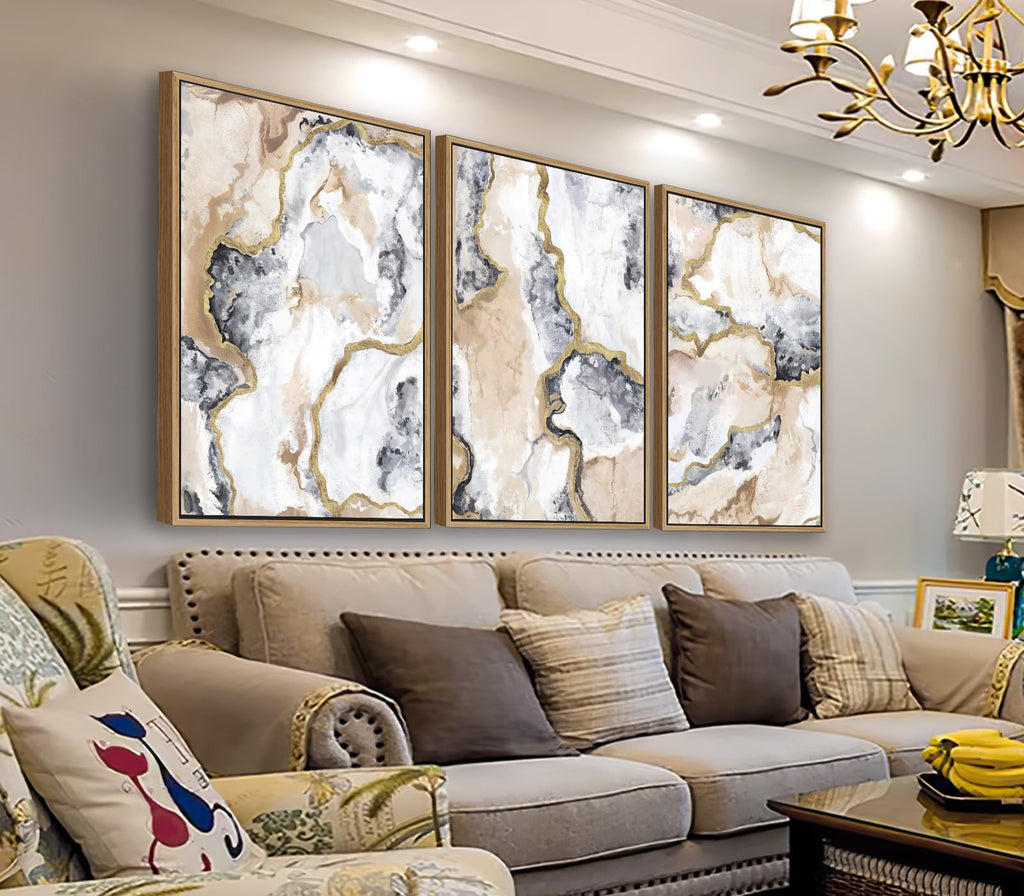 Gray White Gold Framed Wall Art Abstract Marble Canvas Pictures, 48x32in x3