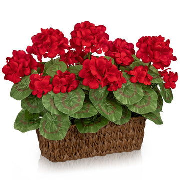 Artificial Geraniums Flowers in Woven Basket Planter, Real Faux Red Silk Geranium Blooms for Outdoor Patio Porch