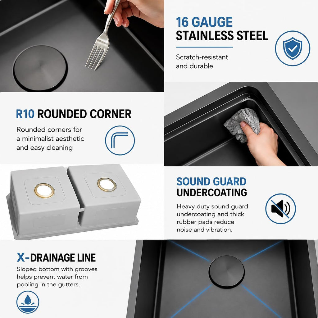 Black Undermount Kitchen Sink, 32 Inch Double Bowl Sink | Black Stainless Steel Kitchen Sink, 32" x 18" T304 16 Gauge