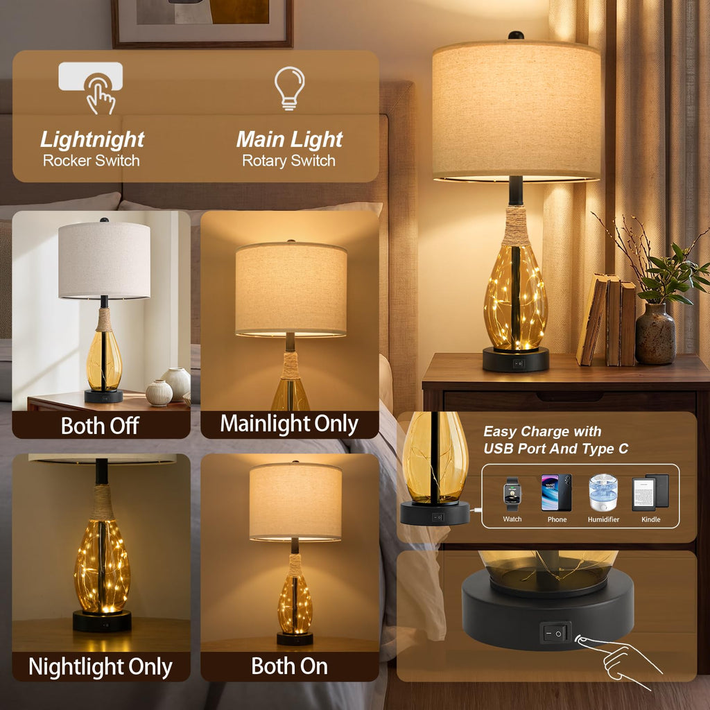 23" Table Lamps Set of 2 Bedside Lamps for Night Stands Bedroom Lamps Farmhouse Rattan Boho Lamp Glass Nightlight End