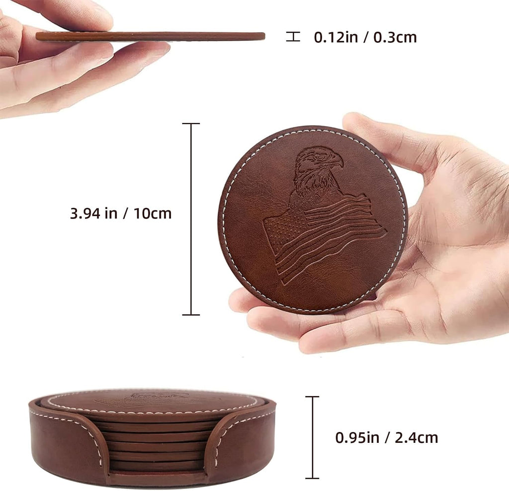 Coasters for Drinks Faux Leather Handmade Embossing Coasters with Holder Waterproof Round Cup Mat Pad Bar - Set of 6