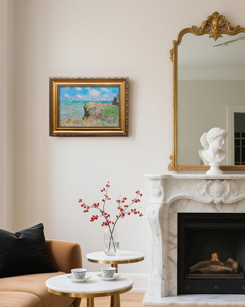 Vintage Gold Framed Gallery Canvas Print Wall Art Claude Monet Cliff Walk at Pourville Nature Wilderness Painting