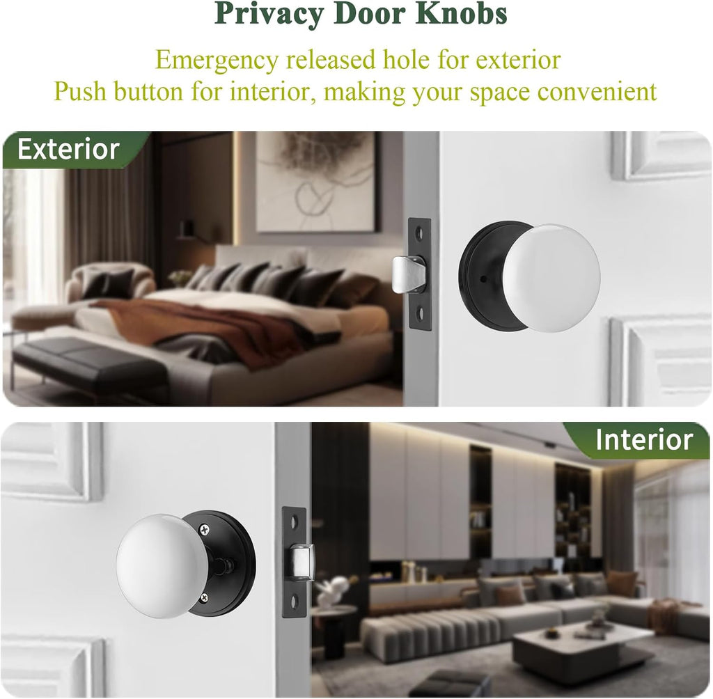 White Door Knobs, Black Porcelain Door Handle with Push Lock for Bath