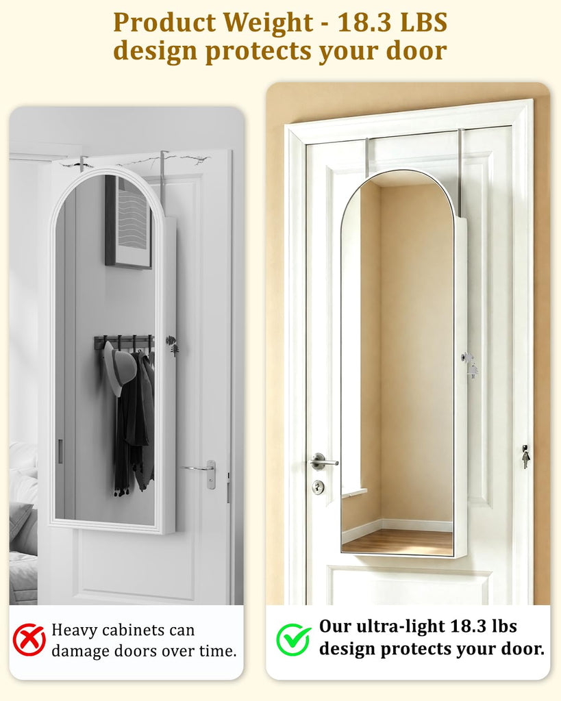 Arched Mirror Jewelry Cabinet, Over the Door or Wall Mounted, White