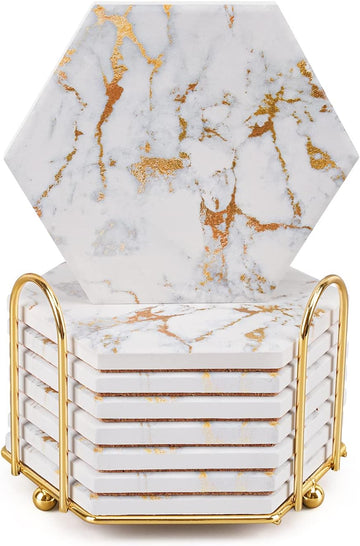 Marble Coaster Set for Table Protection, Drink Coasters with Metal Holder, Home Decor, Bar Coasters - Set of 8