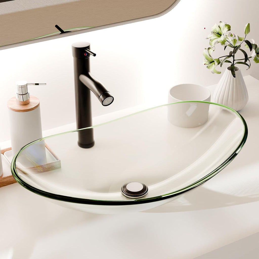 Tempered Glass Vessel Sink Bathroom, 20.8"x13.7" Oval Clear Above Counter Sink Bowl