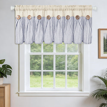 Farmhouse Valances for Windows, Cotton Linen Kitchen Curtains Valance, Boho Small Window Curtains, Cafe, Blue Stripe