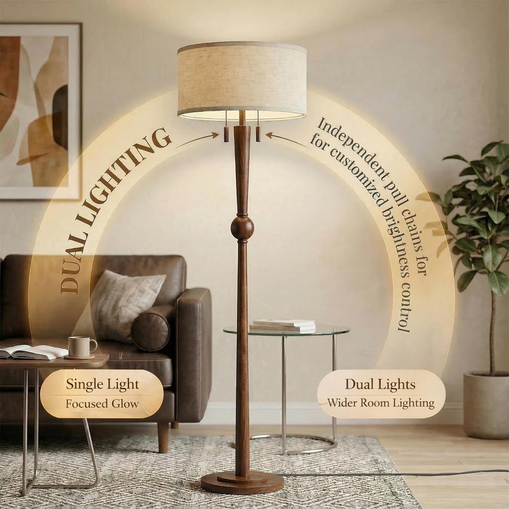 Solid Wood Floor Lamp with Wooden Pull Chains