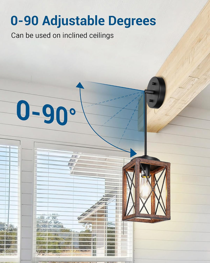 Farmhouse Pendant Light, Metal Hanging Light Fixture with Wooden Grain Finish, 48 Inch Adjustable Pipes for Flat and