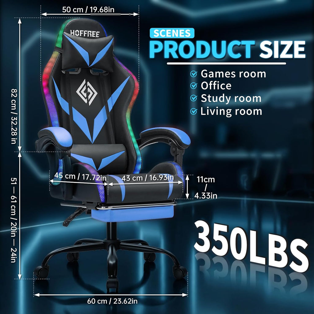 RGB Gaming Chair with Massage & Footrest Racing Style Computer Chair-Blue | Reclining Gamer Chair with LED Lights