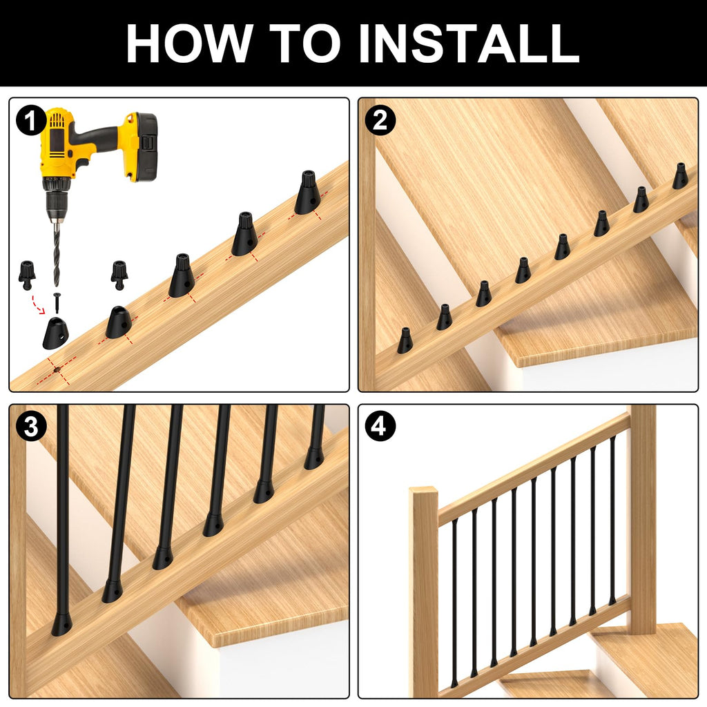 125 Pack Adjustable Baluster Connectors for Tube Post, 3/4" Black Anti-UV Black Baluster Connectors with Screws for