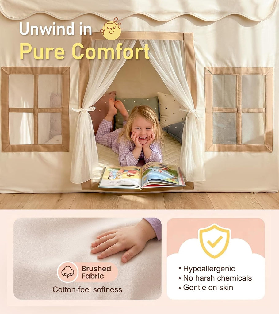Kids Play Tent with Mat, Kids Playhouse with 2 Windows, Star Lights & Tassel Garland, Indoor Outdoor Reading Nook