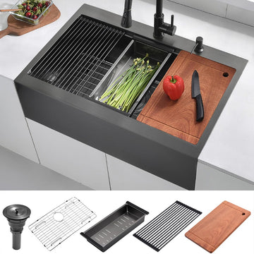 33 Black Drop In Farmhouse Sink, Luckyhorse 16 Gauge 33x22 Nano Black Stainless Steel Drop in Topmount Workstation