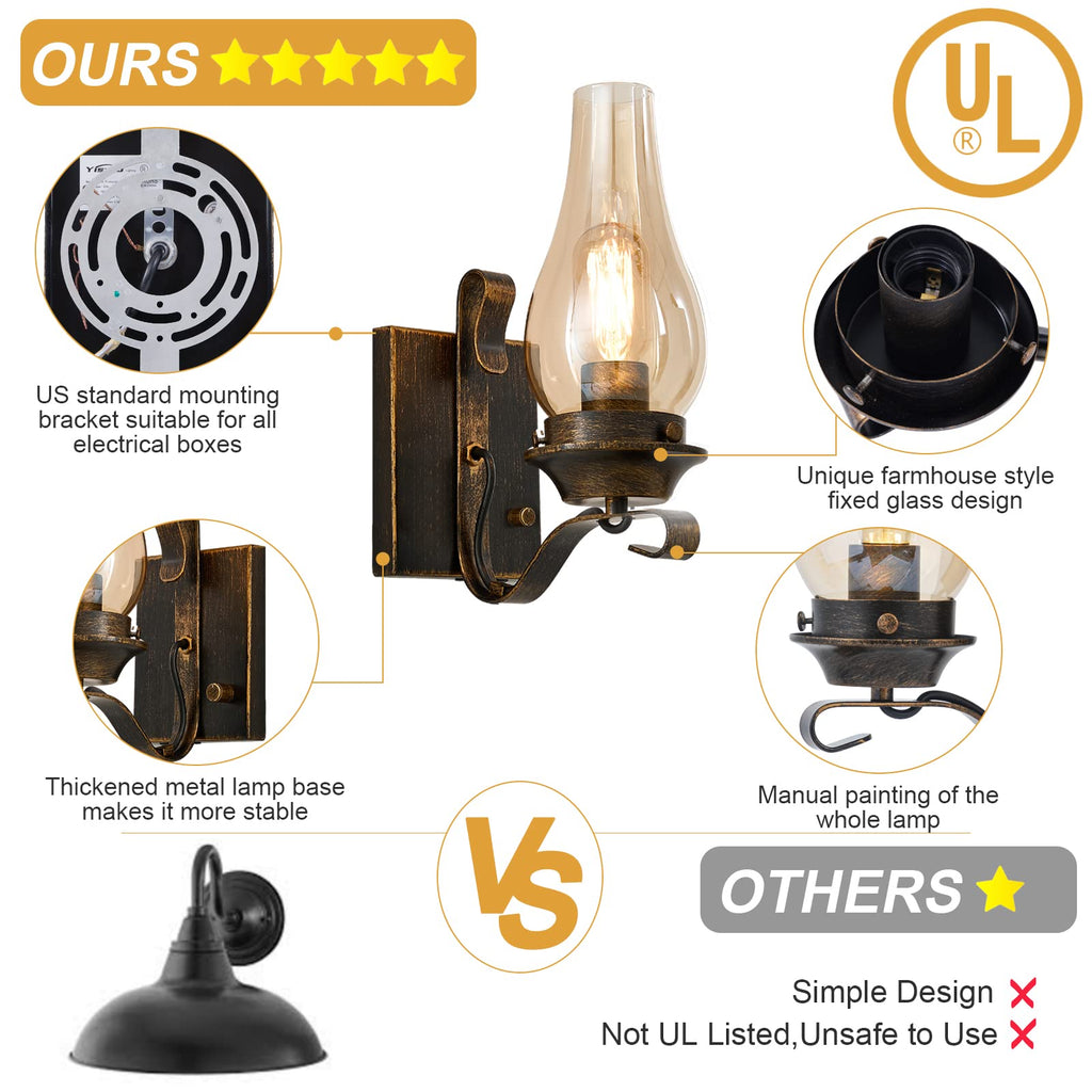 Plug in Wall Sconce,Oil Rubbed Bronze Wall Sconces,Retro Rustic Wall Lamps,Sconces Wall Lighting with Amber