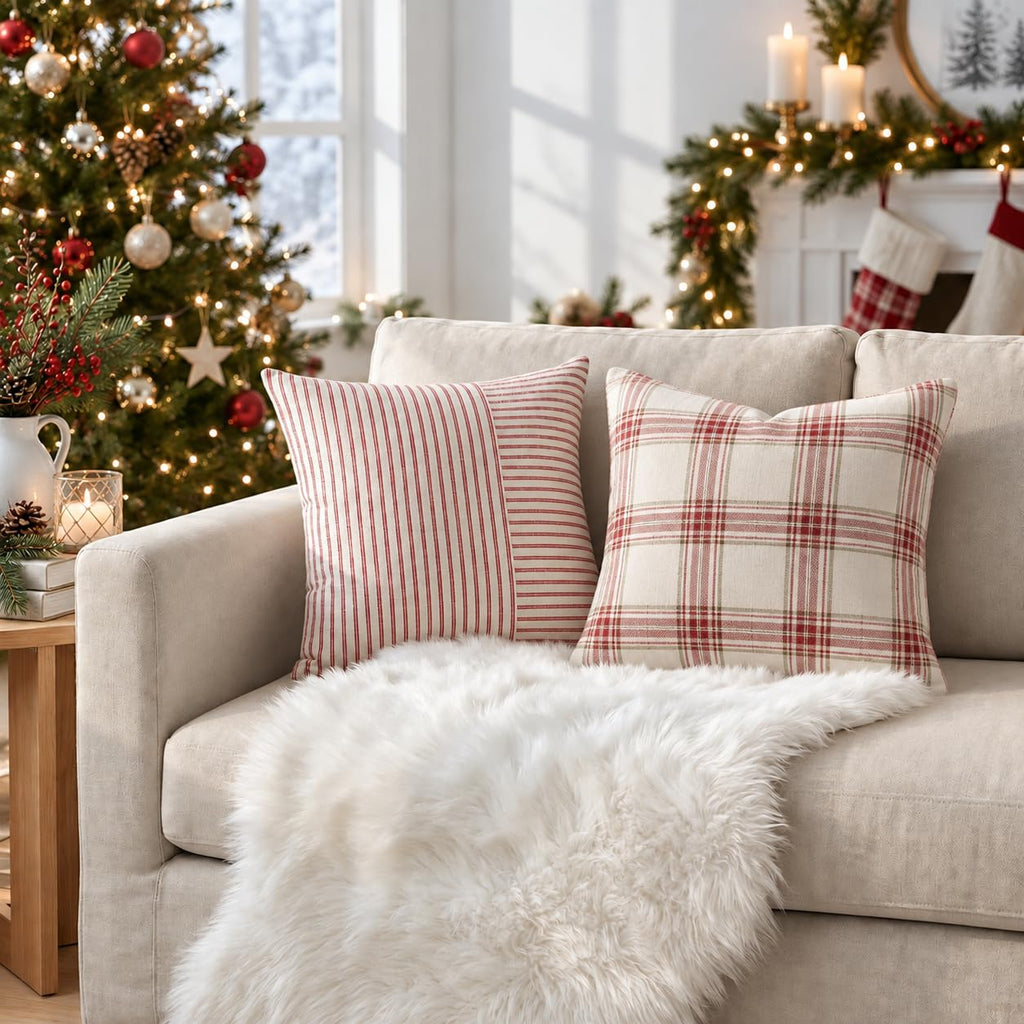 Christmas Pillow Covers 20x20, Boho Throw Pillow Covers Set of 2, Red and Cream Striped Linen Decorative Pillows