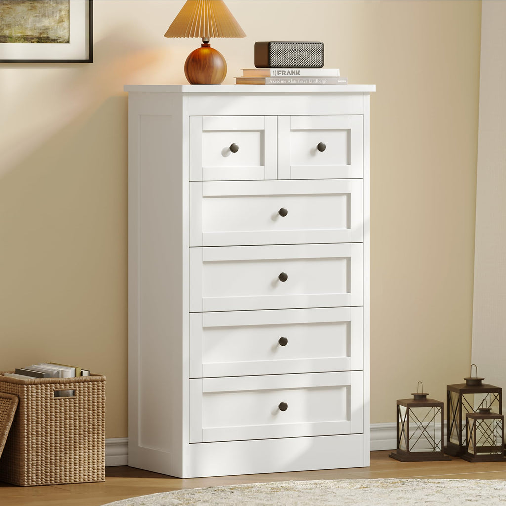 Tall 6 Drawer Dresser, White Modern 43.3'' Tall Wood Chest of Drawers, Storage Organizer with Smooth Metal Rails &